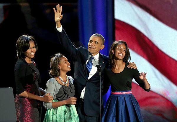 Barack Obama and his family after he won the election.