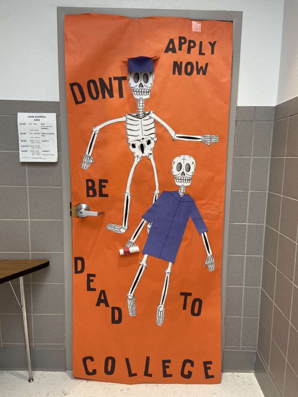 Linda Devilliers, Bingham High School teacher, decorated her door for the application and Halloween season.