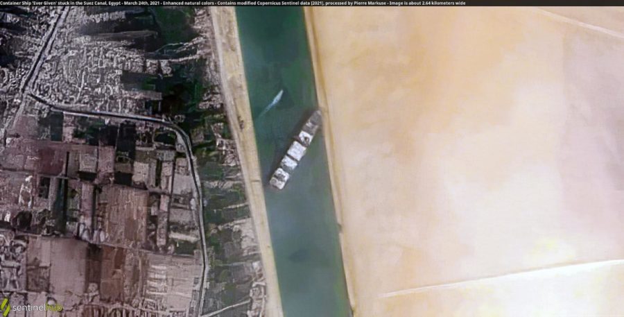 Satellite image of the Ever Given blocking the Suez Canal