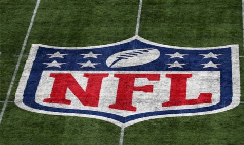 A detailed view of the NFL logo on the field during the NFL game between Carolina Panthers and Tampa Bay Buccaneers at Tottenham Hotspur Stadium on October 13, 2019 in London, England. 
