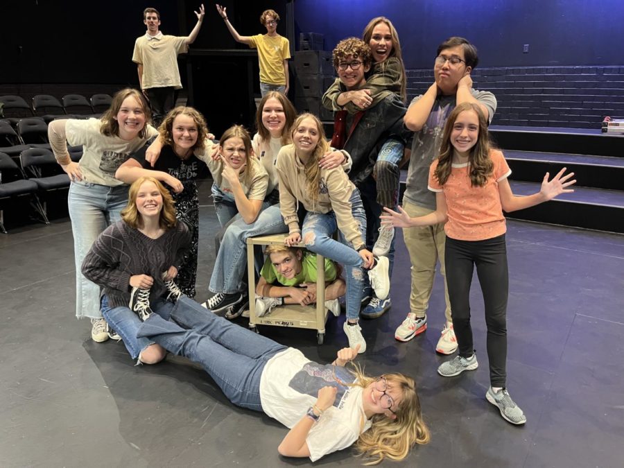 The 2022-23 Bingham Improv team poses for a picture during their weekly rehearsal.