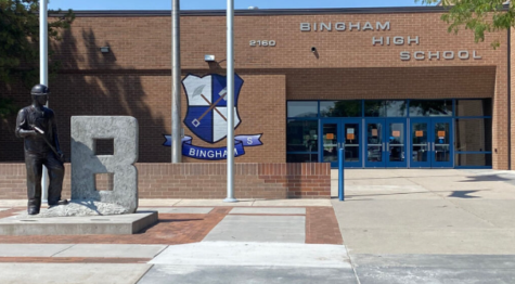 Front of Bingham high school, where students can come on Fridays to have personalized learning time with their teachers during the Covid pandemic.