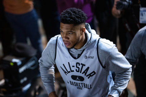 Giannis Antetokounmpo, suited up for the 2022 All-Star Game as a member of Team Lebron. 