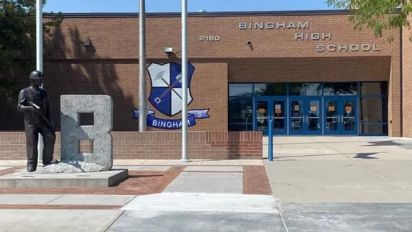 The front of Bingham High School showing the Miner Statue, "B" statue and the front doors.
Photo credit: Photojournalist Randy Likness, KUTV